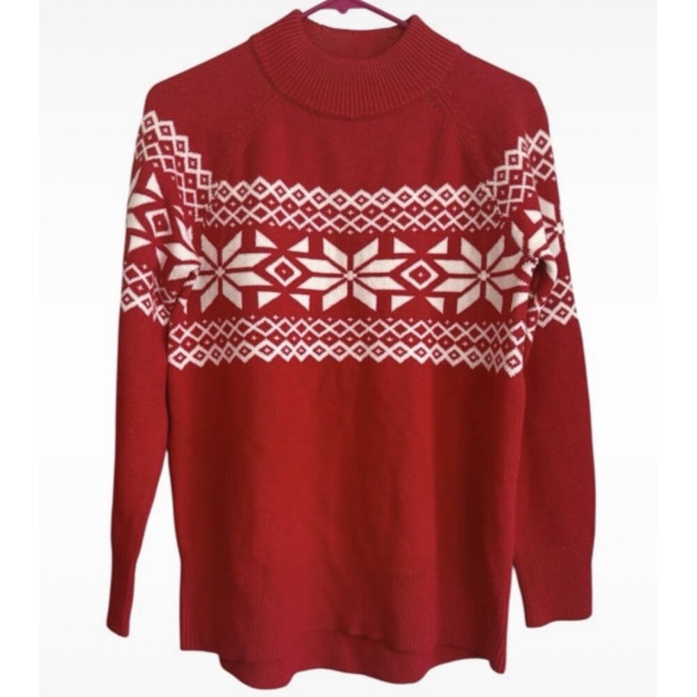 Talbots Small Women’s Red Mock Neck Sweater White Snowflakes Viscose Blend Soft